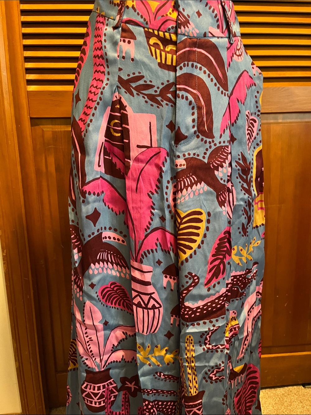 FARM Rio Blue Wide-Leg Trousers with Pink, Brown & Yellow Tropical Print